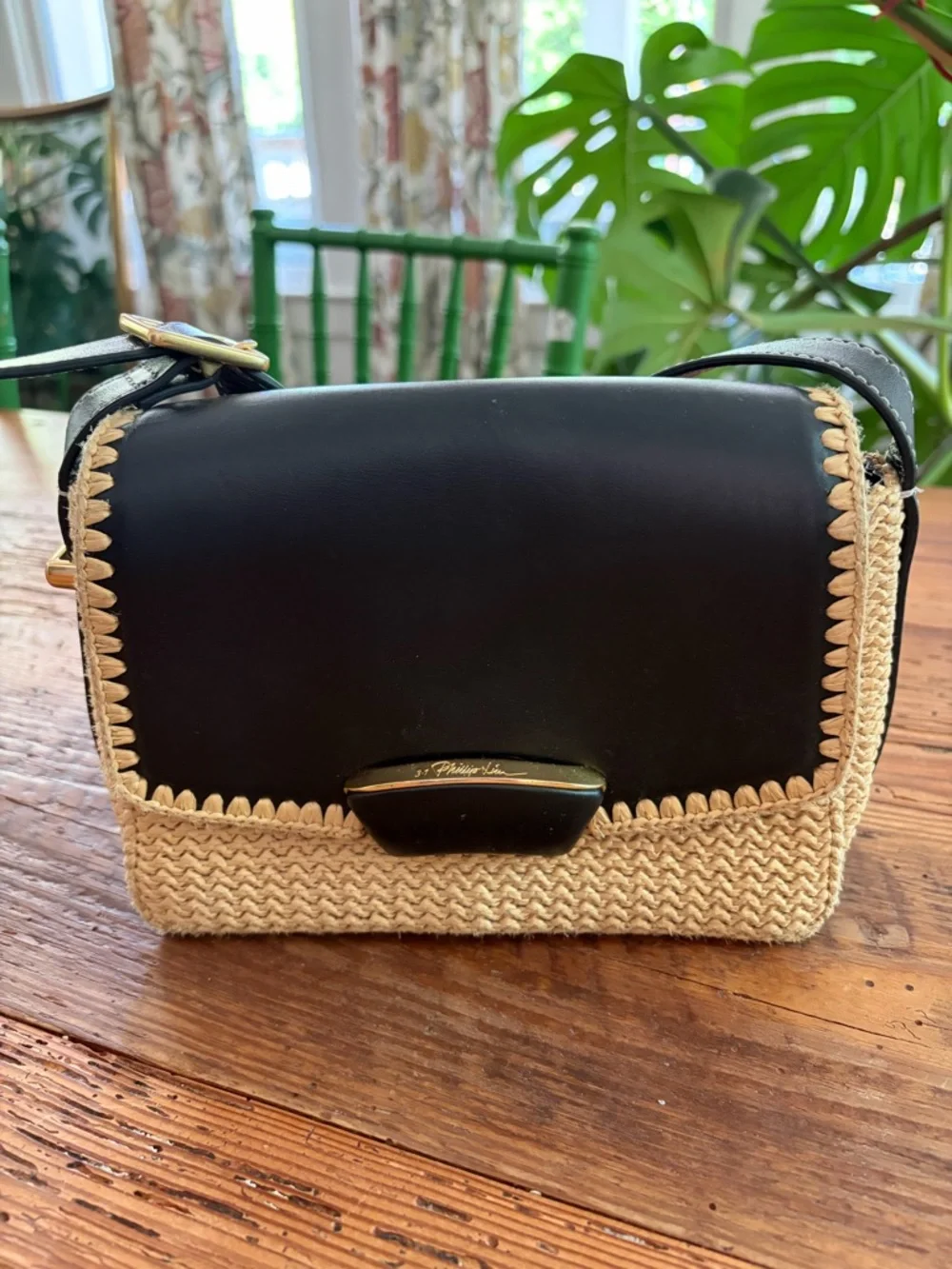 3.1 Phillip Lim Black and Natural Raffia Shoulder Bag